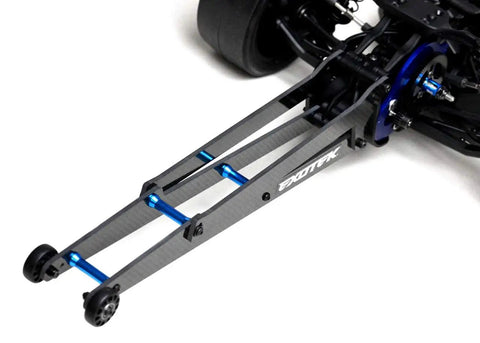 Dr10 Wheelie Bar Set 12 Inch Carbon Fiber and Alloy Adjustable for RC Cars and Trucks ETK1962 close-up with blue supports
