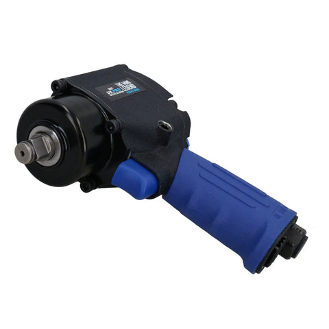 Compact Half Size Air Impact Wrench With Durable Composite Shell packs serious 680 Nm output; features a black body and blue grip.