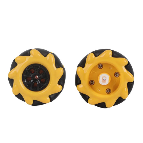 Mecanum wheel pair, 48mm, yellow sunflower-shaped omnidirectional wheels with black tires for small toy robot car