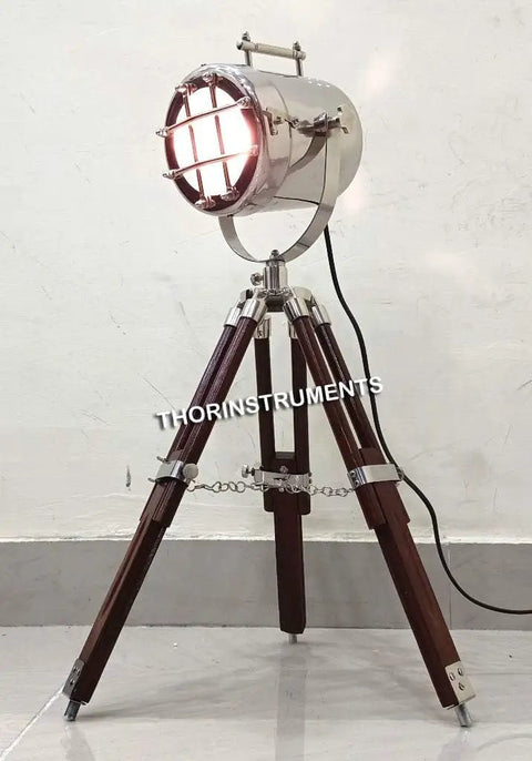 Vintage Spotlight Tripod Table Lamp With Rustic Wooden Tripod Stand, Adjustable Desk Light, 22 Inch Tall, Aluminum Head 6x4.5 Inch, 3W LED
