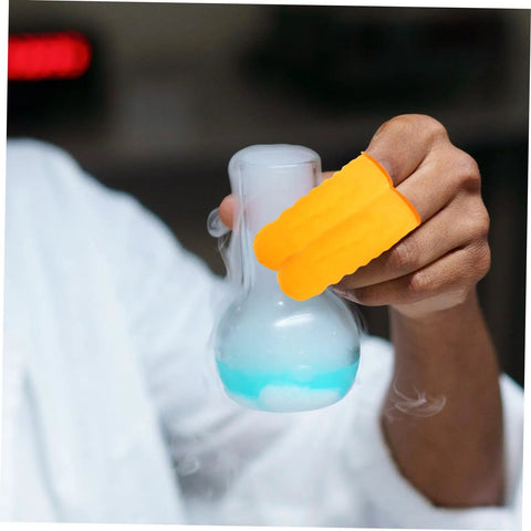 100 Pack Latex Protective Finger Sleeves Shield Your Digits From Daily Wear While Delivering Sick Grip And Breathable Comfort For Heavy Gaming Or Daily Grind Tasks, orange sleeves holding a lab beaker.