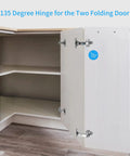 Two Pack 135 Degree Corner Cabinet Hinge, Adjustable 3D Concealed Overlay Hinge With Clip-On Plate installed on white corner cabinet