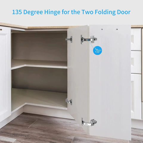 Two Pack 135 Degree Corner Cabinet Hinge, Adjustable 3D Concealed Overlay Hinge With Clip-On Plate installed on white corner cabinet