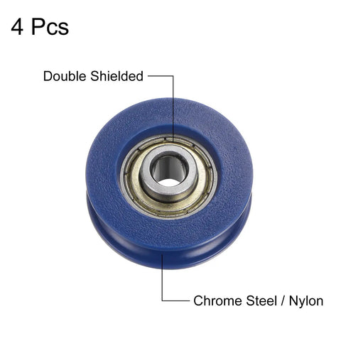 4 Pack U Groove Pulley Wheel Kit 5x25.5x8.5mm Nylon Guide Bearing For Door Window Tracks U Type Wheel With 6mm Groove Shielded Dual Sided Chromium Steel Bearings Quiet Smooth Operation Blue