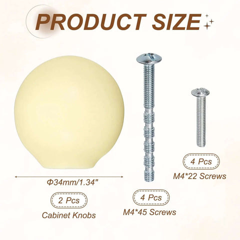 Top Shelf 2-Pack Bright Yellow Ceramic Cabinet Knobs, Smooth 1.3 Inch Round Drawer Pulls and screws shown with product size.