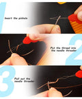 Step-by-step threading guide with Pro Grade Heavy Duty Upholstery Repair Kit, using a needle threader to insert leather sewing thread.