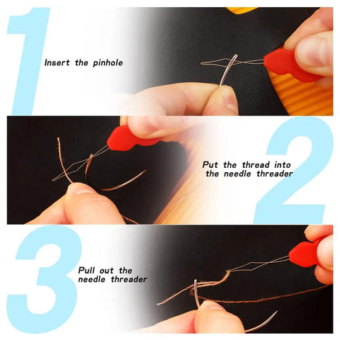 Step-by-step threading guide with Pro Grade Heavy Duty Upholstery Repair Kit, using a needle threader to insert leather sewing thread.