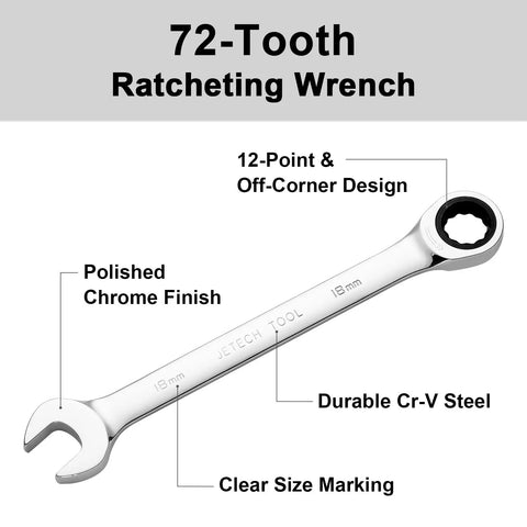 18mm Ratchet Wrench With A Beefy 12 Point Box End And 72 Tooth Ratcheting, Chrome Vanadium Steel, industrial design with labels