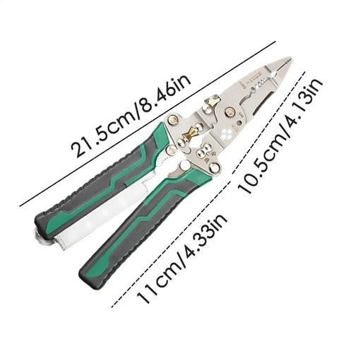 Solid Wire Stripper And Cable Pliers With Built In Voltage Tester Portable Precision Electrical Tool No Nonsense Design Built Like A Tank For Day One Crews Green Finish, measuring 21.5cm with ergonomic grips.