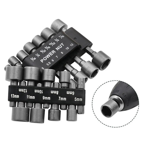Workhorse 9 Piece Socket Sleeve Set Featuring Hexagonal Wrench Adapters And Pneumatic Extension Rods with various sizes organized.
