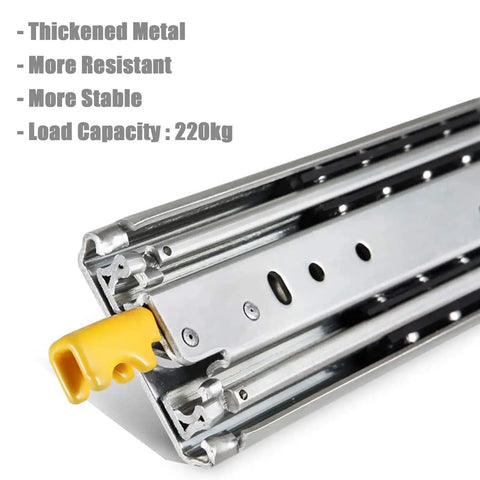 Close-up of 3 Fold Full Extension Drawer Runners And Cabinet Slides Heavy Duty Ball Bearing Rails for Cabinets with yellow release tab