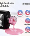 Bottle of pink gel polish with text highlighting features, part of 36Pcs Gel Nail Polish Kit With 32 Classic Colors And 4 Essential Addons Base Coat