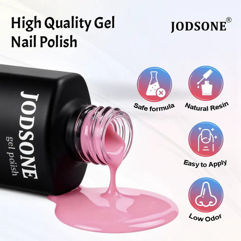 Bottle of pink gel polish with text highlighting features, part of 36Pcs Gel Nail Polish Kit With 32 Classic Colors And 4 Essential Addons Base Coat