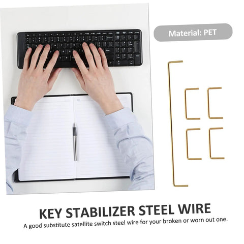 Hands typing on a mechanical keyboard with Premium Gold Plated Satellite Stabilizer Wires nearby, showcasing steel wire design.