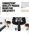 Pro Level Automatic Espresso Tamper Featuring Adjustable Pressure Controls For Dead Center Compacts And Smooth Daily Routines Compatible With Mahlkonig E80 Grinders Delivers Bangin Shot Consistency In Crisp White, showing step-by-step tamping process.