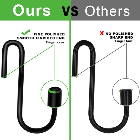 Comparison of Heavy Duty S Hooks For Wire Shelves 30 Pack Black Hanging Hooks highlighting polished smooth end vs sharp end.