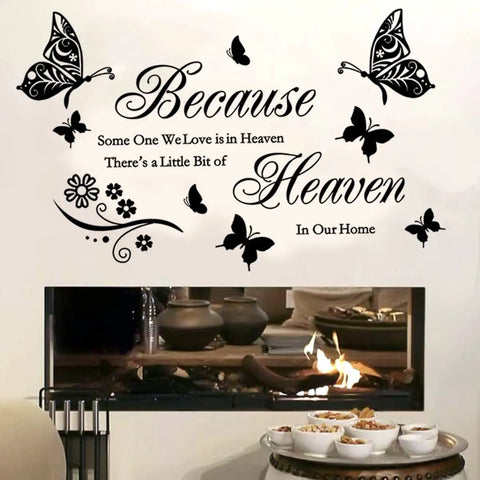 Heavenly Love Quotes Wall Decals Set Peel And Stick Vinyl Memorial Wall Art above fireplace with butterflies, for home remembrance.