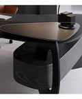 Heavy Duty Corner Executive Desk With Integrated Side Cabinet And Raised Monitor Stand Straight Up Big Time Pc Workstation No Nonsense Boss Build For Gaming And Writing Black 180 Cm close-up of black surface and cabinet details