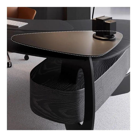 Heavy Duty Corner Executive Desk With Integrated Side Cabinet And Raised Monitor Stand Straight Up Big Time Pc Workstation No Nonsense Boss Build For Gaming And Writing Black 180 Cm close-up of black surface and cabinet details