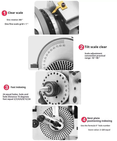 Solid Six Inch Universal Indexing Head For Milling Machines Featuring Heavy Duty Three Jaw Chuck And Cnc Rotary Axis Tailstock Kit clear scale and tilt adjustment details