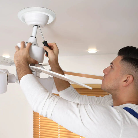 Installing ceiling fan with Four Pack PU Ceiling Medallions For Light Fixtures And Ceiling Fans, 9.8 Inch Outer Diameter, Smooth White.