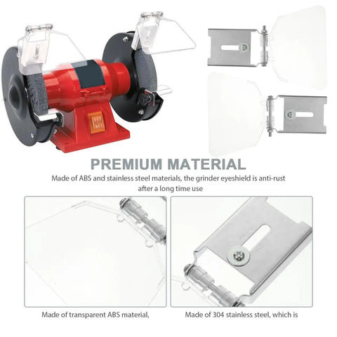 Bench Grinder Eye Shield Glasses displaying impact-resistant shield, clear view 6.41 x 4.56 inch, ABS and stainless steel materials.