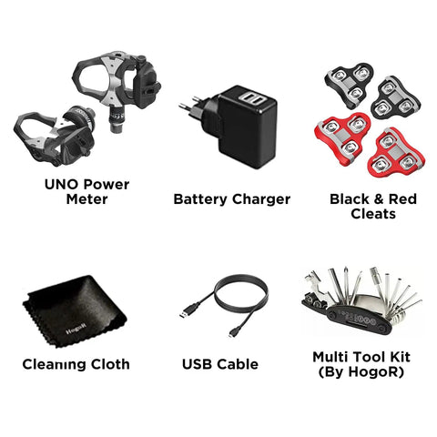 Image showing Assioma UNO Upgraded Single Sided Power Meter Pedals With Waterproof Build Bluetooth And ANT Plus Connectivity True Left Power Data Includes Black Cleats Red Cleats And Cleaning Cloth, battery charger, USB cable, and multi-tool kit.