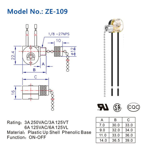 Pull Chain Ceiling Fan Switch Replacement 2 Pack Nickel Finish ZE109 Style with diagrams and specifications.