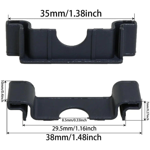 Anti Cut End Cap Protector For 35mm DIN Rail Black Pack Of 30 Terminal Block End Mounting Insulated Plastic End Caps For Industrial And Hardware Fittings On 35mm DIN Rails, front and side view with measurements.