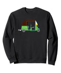 Comfy Tuk Tuk Auto Rickshaw Graphic Sweatshirt Black Unisex Pullover Top featuring vibrant rickshaw design on fleece crewneck.