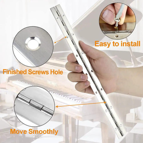 Set Of Two 14 Inch Silver Piano Hinge For Cabinet And Door Hardware Heavy Duty Continuous Stainless Steel 304 Long Hinge showing smooth glide and screw holes.