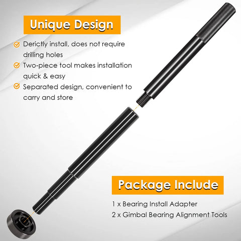 Side view of black gimbal bearing alignment kit; two-piece engine alignment tools with bearing install adapter.