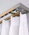 Wood Grain Curtain Rods With Snag Free Double Track Sliding Rail System For Windows Heavy Duty Aluminum Curtain Pole For Privacy Or Space Dividing Adjustable 4 To 16 Ft Wall Divider Track installed with white curtains