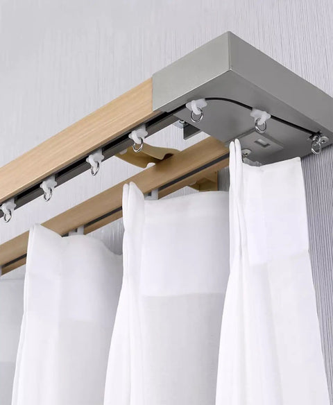 Wood Grain Curtain Rods With Snag Free Double Track Sliding Rail System For Windows Heavy Duty Aluminum Curtain Pole For Privacy Or Space Dividing Adjustable 4 To 16 Ft Wall Divider Track installed with white curtains