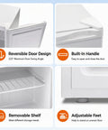 Compact 1.1 Cu Ft Upright Mini Freezer In Bright White showing reversible door, built-in handle, removable shelf, and adjustable feet.
