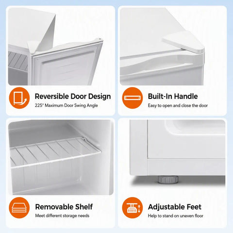Compact 1.1 Cu Ft Upright Mini Freezer In Bright White showing reversible door, built-in handle, removable shelf, and adjustable feet.