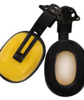 Rock Solid Boss Level Hard Hat Earmuffs Straight Up Noise Blocking Over Ear Shields for jobsite safety gear, yellow foam cushioned.