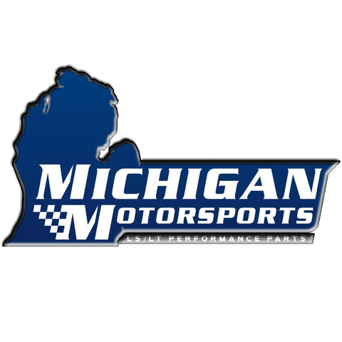 Michigan Motorsports logo with blue state outline and checkered flag motif, LS/LT performance parts branding