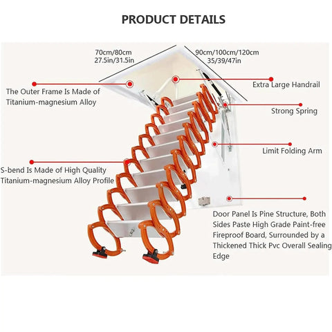 Heavy Duty Electric Attic Ladder Rock Solid Folding Loft Stairs Pull Down Ceiling Extension With Non Slip Steps No Bull Strength Titanium Magnesium Alloy, featuring a detailed view of the ladder's features.