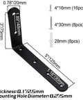 Diagram showing dimensions of Beefy Heavy Duty Stainless Steel L Brackets For Shelves, with screws and anchors, black finish.