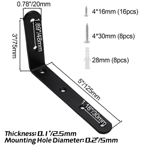 Diagram showing dimensions of Beefy Heavy Duty Stainless Steel L Brackets For Shelves, with screws and anchors, black finish.