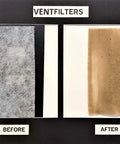 Before and after comparison of vent filters showing dirt trapped, highlighting Vent Filter Pack Of 48 For Whole Home Air Quality.
