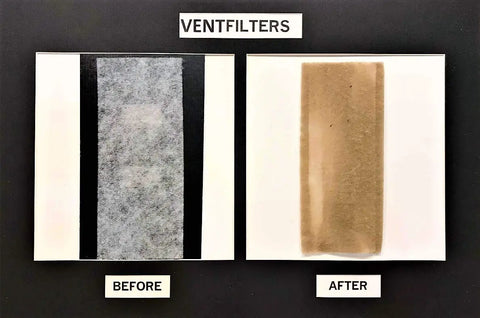 Before and after comparison of vent filters showing dirt trapped, highlighting Vent Filter Pack Of 48 For Whole Home Air Quality.