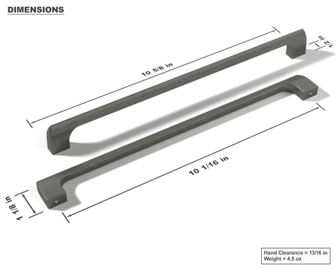 Gun Metal 10 Inch Center Cabinet Handles 10 Pack Solid Stainless Metal Drawer Pulls For Kitchen Bathroom Home Decor Durable Modern Hardware Etna Collection, showing two handles with dimensions.