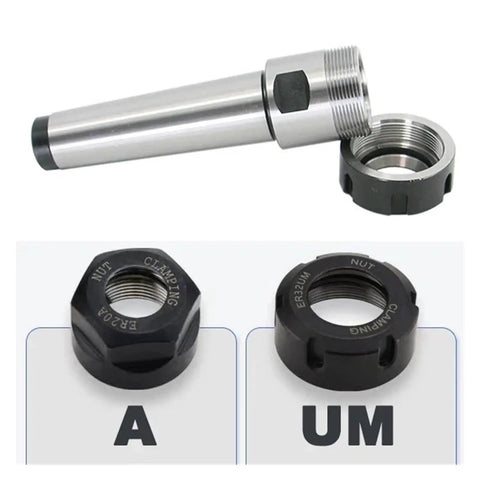 Top Tier High Precision Collet Chuck For Mta2 Mta3 Mta4 And Er Tool Holders with clamping nuts viewed from multiple angles.