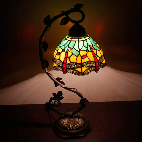 Dragonfly Stained Glass Tiffany Style Table Lamp With Green And Yellow Glass Metal Leaf Base Eight By Ten By Twenty One Inches