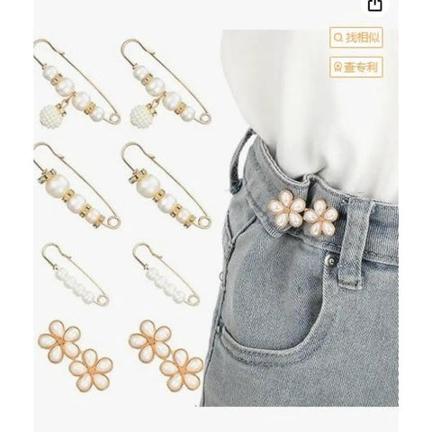 Ditch Tailor Bills And Snag These Pearl Pin Style Waist Tightening Clips For Jeans Dresses And Sweaters. Stylish clips on gray denim.