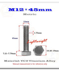 Straight Up Badass TA2 Pure Titanium Hex Bolts M12 X 45mm Heavy Duty Fasteners with dimensions displayed.