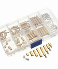 Brass M3 Hex Spacer Kit 120 Pieces Built For DIY Projects And Metalwork Premium Quality Spacers And Nuts Set Oxidation Resistant And Easy To Install Great For Automotive And Industrial Use. Brass M3 hex spacer kit in organizer box with spacers, screws, and nuts