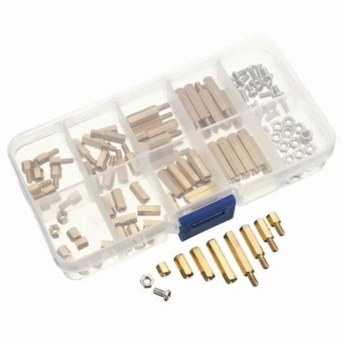 Brass M3 Hex Spacer Kit 120 Pieces Built For DIY Projects And Metalwork Premium Quality Spacers And Nuts Set Oxidation Resistant And Easy To Install Great For Automotive And Industrial Use. Brass M3 hex spacer kit in organizer box with spacers, screws, and nuts